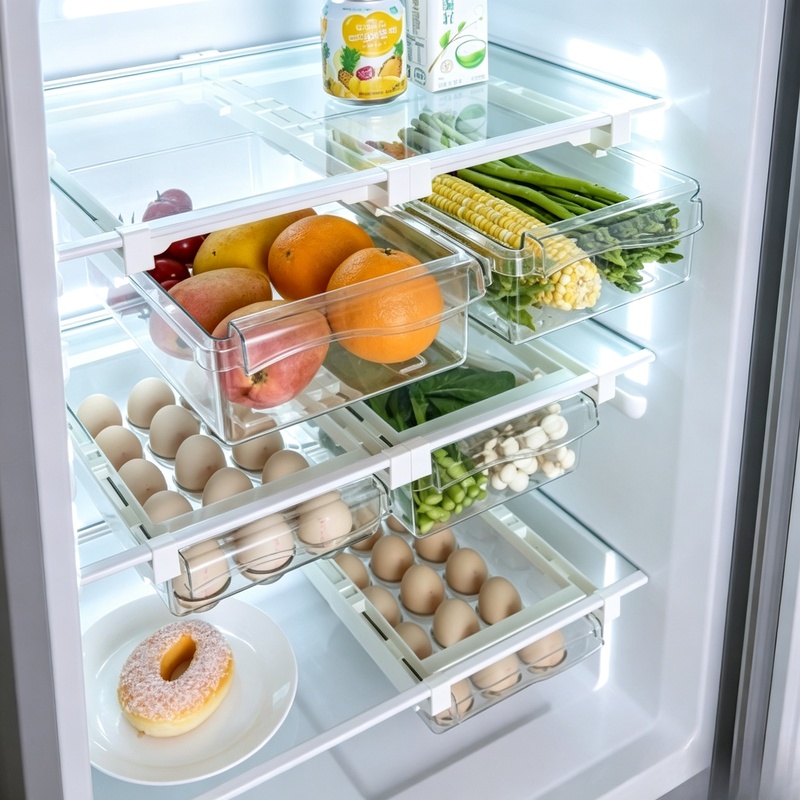 Food Storage With Dividers - Hängender Schubladen-Kühlschrank-Aufbewahrungsbehälter, Ausziehbarer Kunststoff-Kühlschrank-Organizer, Platzsparender Küchen-Lebensmittelbehälter